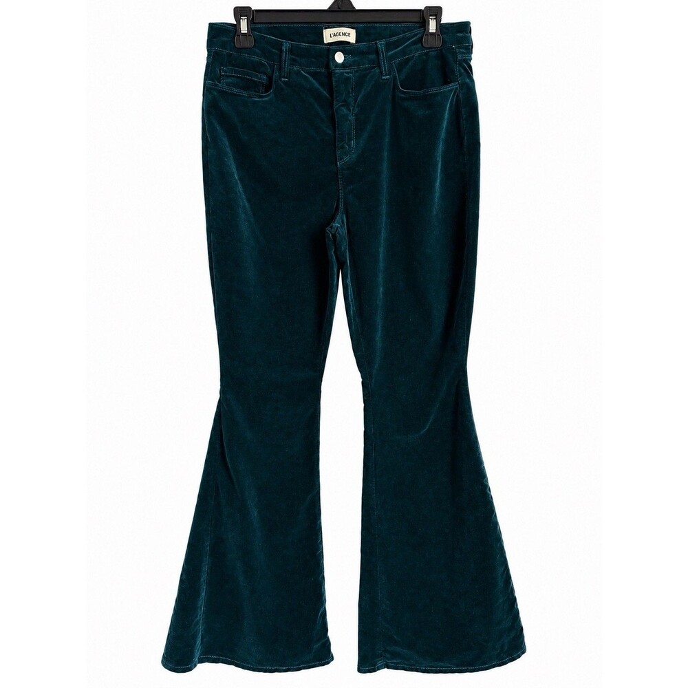 L’AGENCE Dark Green Velvet Flare Jeans Size 33 70s Boho Retro
